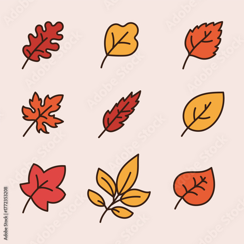 Colorful Autumn Leaves Flat Icon Set