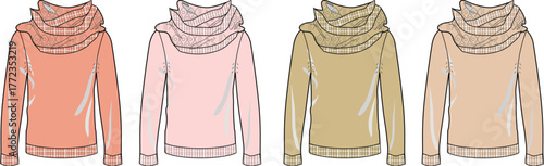 Set of women's long-sleeve sweaters with a cozy cowl neck. Fashion technical flat sketch vector illustration in multiple colorways