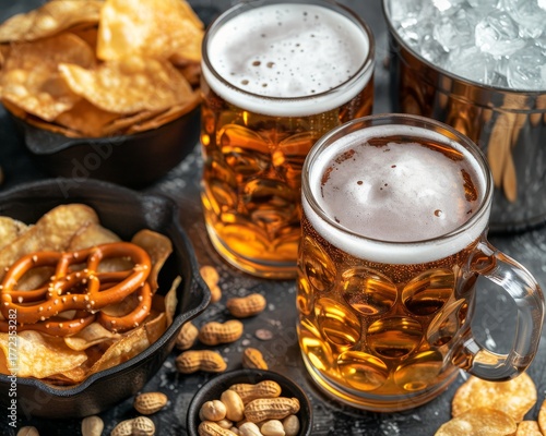 Close up view of beer mugs with foam accompanied by snacks like chips, peanuts, and pretzels