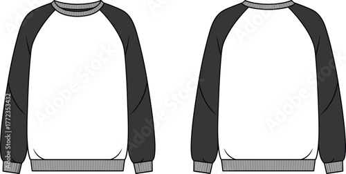 Raglan long sleeve sweatshirt flat sketch, fashion cad vector template, unisex crewneck pullover front and back technical drawing