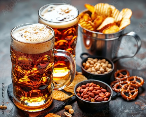 Close up of beer mugs with foam, chips, peanuts, pretzels, and ice bucket on gray tabletop