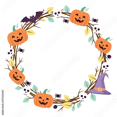 Spooky Halloween wreath with grinning pumpkins, bats, spiders, and skulls creates festive holiday decor for invitations, banners, and party flyers.
