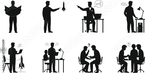 Engineering silhouettes, project development, professional teamwork, rocket model, black and white design, technical discussion, innovation concept, workspace interaction, graphic art