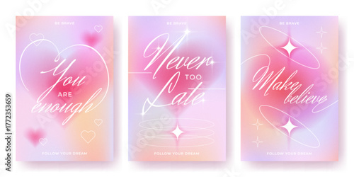 Y2k gradient poster backgrounds with typography and dreamy pastel blurs. Soft pink and purple colors in modern aesthetic style. Heart icons, sparkle elements and inspirational phrases for social media