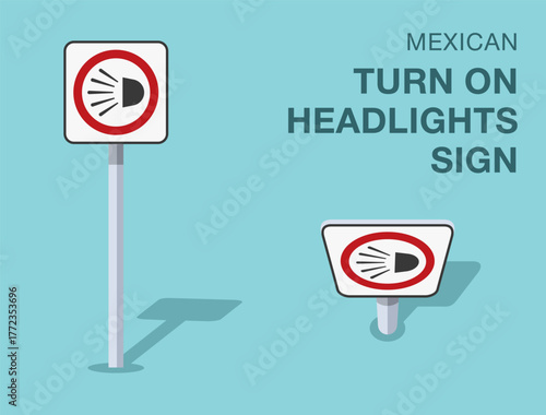Traffic regulation rules. Isolated mexican "turn on headlights" road sign. Front and top view. Flat vector illustration template.