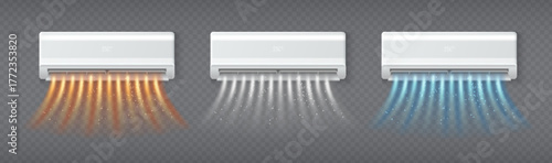 Air condition 3d systems with warm red heating, neutral white and cool blue airflow for climate control. Split units, sparkle effects and temperature modes for indoor comfort or seasonal adjustment.