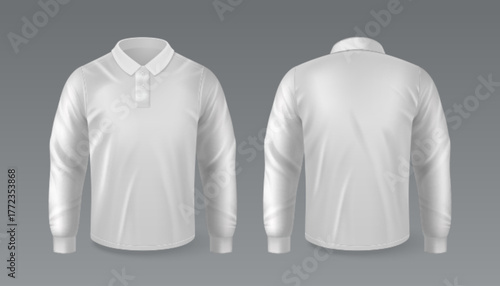 White polo shirt mockup with front and back views for apparel branding or design presentation. Long sleeve collar garment, blank template and realistic clothing for customization or fashion display.