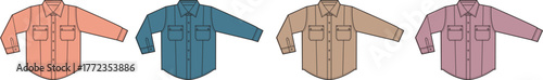 Variety of long-sleeved collared shirts in multiple colors. Clean flat vector illustrations for apparel design, fashion graphics, and essential wardrobe concepts
