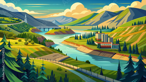 Very beautiful scenic view of Kirby Billingsley Hydro Park along the Columbia River in East Wenatchee, Washington State, showing lush green parkland, calm river waters, and distant hills beside Highwa