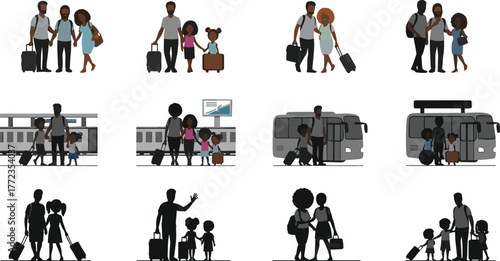 Family travel, airport journey, train station, bus stop, luggage, parents, children, vacation, tourism, silhouette, vector, flat