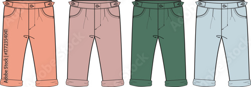 Vector illustration collection showcasing a diverse set of four stylish casual pants in various contemporary colors, ideal for fashion design, apparel catalogs, and retail advertising campaigns