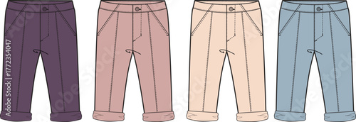 Stylish vector illustration of a diverse collection of modern casual trousers, presented in various fashionable colors for apparel design and everyday clothing concepts