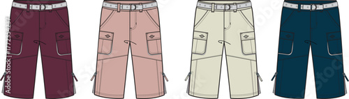 A versatile set of men's cargo capri pants presented in four different color options. This technical flat vector illustration serves as a template for apparel design and fashion mockups