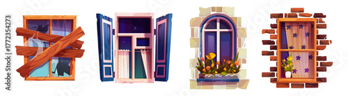 Illustrated window shutter designs with wooden planks, open shutters with wardrobe, arched stone frame with flowers and brick wall opening. Colorful interiors for building facades or game backgrounds.