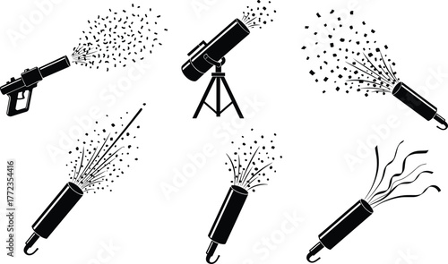 Fireworks devices, pyrotechnic silhouette, vector illustration, festive burst, celebration design, CAD drawing, flat style, black icons, party decor, graphic art