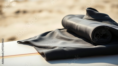 rashguard. Rolled-up rashguard resting on a surfboard at the beach in sunlight. event key visuals, club posters, designed for fitness apps and gym onboarding, used by fitness trainers.