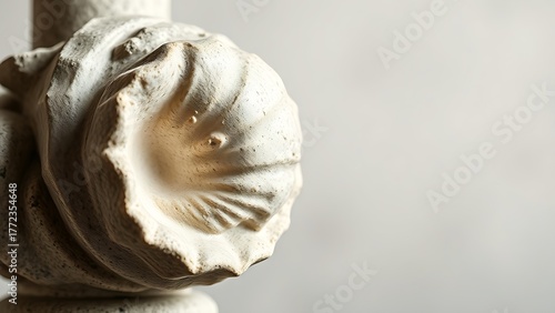 quatrain. Close-up of a weathered classical Greek sculpture of a conch shell. event programs, museum guides, designed for cultural heritage projects and event programs, used by software engineers.