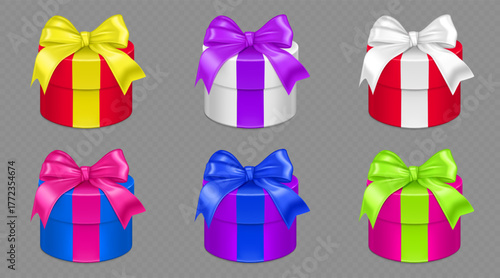 Round gift boxes set isolated on transparent background. Vector realistic illustration of holiday presents with color ribbon bows, birthday, Christmas or anniversary surprise, shopping discount