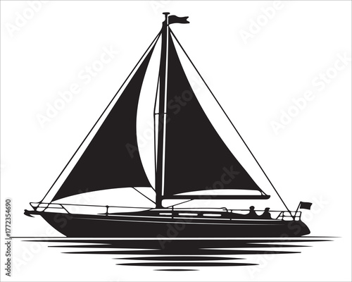 Elegant black and white silhouette of a sailing yacht on calm water with detailed sails and reflection, symbolizing adventure, freedom, and tranquility in a nautical vector illustration style