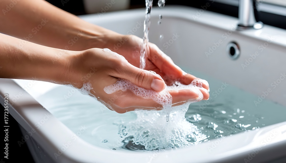 Fototapeta premium Person washing hands with soap lather under running water in a white sink, emphasizing hygiene and health concepts