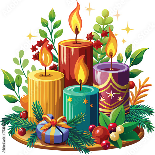 Colorful candles adorned with holiday botanicals