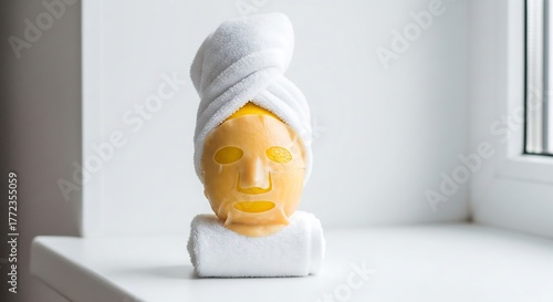 A yellow sheet face mask with a white towel wrapped like a turban, standing on a white surface near a window, symbolizing skincare and relaxation.