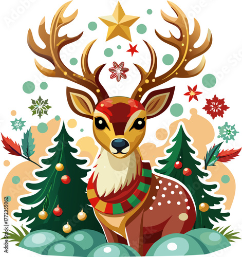 Cheerful deer surrounded by Christmas elements