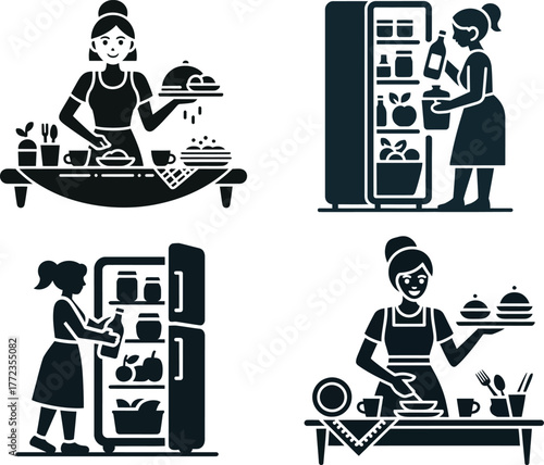 Woman preparing and serving food from a refrigerator and table