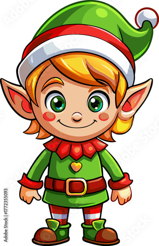 Festive cartoon elf in holiday attire smiling