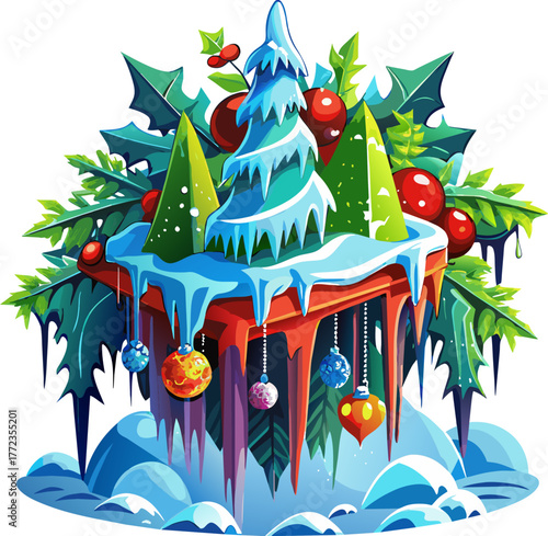 Colorful winter scene with icicles and ornaments