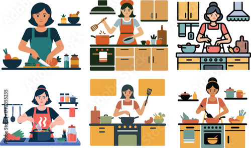 Diverse women happily cooking healthy food in modern kitchens