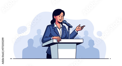 Illustrated woman in a business suit speaking at a podium with a microphone to an audience