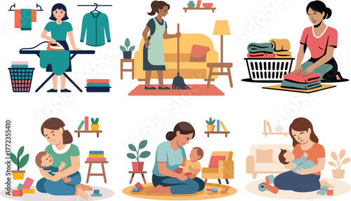 Mothers and caregivers performing household chores and nurturing babies