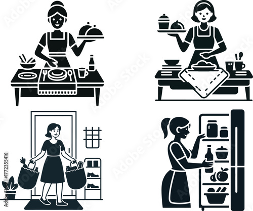 Woman cooking serving and storing food at home domestic chores