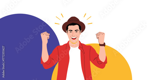 Joyful young man in a hat celebrating success with fists raised and a wide, victorious smile against a colorful background.