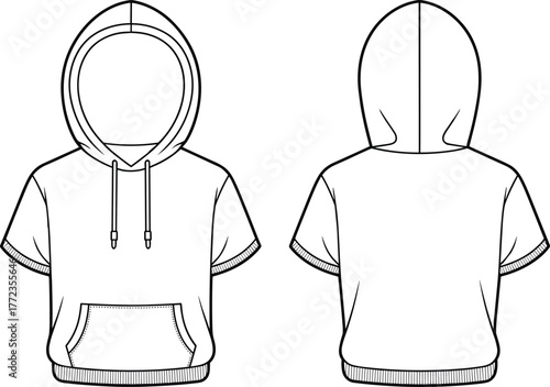 Short sleeve hoodie flat sketch, fashion cad drawing, vector illustration, casual streetwear design template, front and back technical apparel view