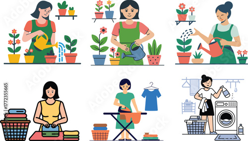 Woman doing household chores and caring for houseplants at home