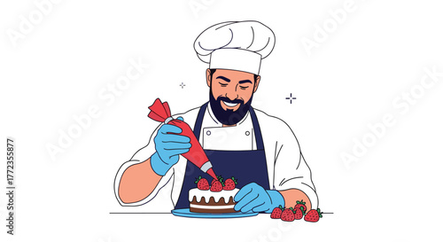 A smiling male chef in a chef hat and apron expertly decorates a delicious chocolate cake with fresh strawberries using a piping bag.