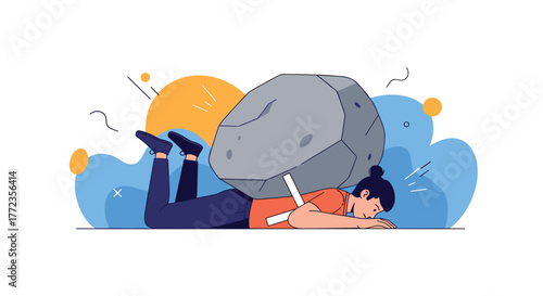 Woman burdened by a massive rock on her back, symbolizing overwhelming pressure, stress, and the struggle of heavy responsibilities.