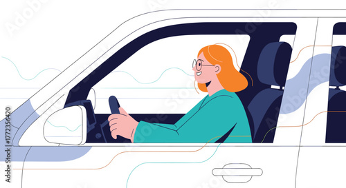 A graphic illustration features a smiling redhead wearing glasses, confidently driving a car with both hands on the wheel.