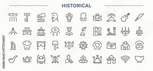 Set of Historical line icon. Pictograms of exhibition, museum, antiquity, archaeologic and more. Modern vector illustration. Art icon set. Editable stroke. Vector illustration.