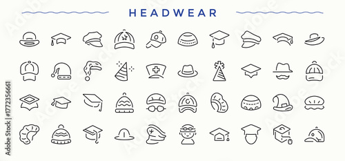 Headwear line icon set. Outline icons collection. Containing illustration, hats and cowboy, hat, wear, man, cap. Editable stroke. Pixel Perfect. Hat icon set.