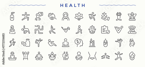 Health icon set in linear style. Featuring allergen, asthma, treatment, pollen and more. Health simple icon set. Outline icons collection. Signs for web and mobile app.