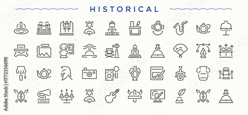 Historical icon set. Minimal icons set. Vector illustration in modern line style. Archaeologic icon set. Contain linear symbols archaeologic, art, museum, history, heritage, exhibition and more.