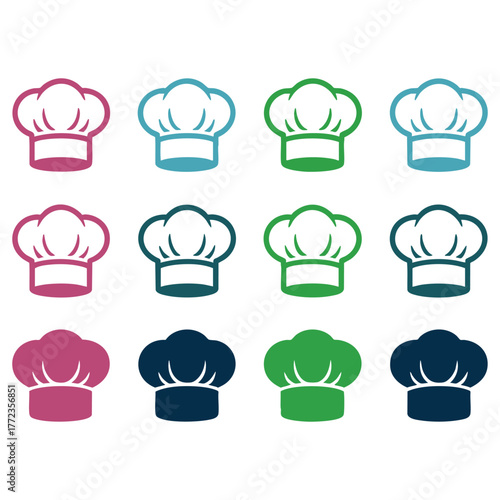 Chef hats collection culinary toque white caps set assorted colors professional kitchen gear vector
