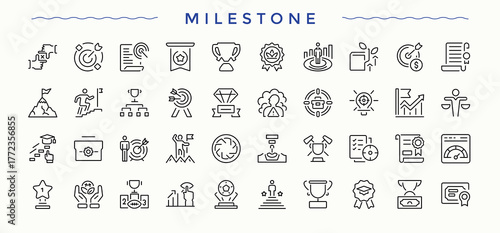Milestone icon set. Minimalist vector collections. Contain linear sign award, business, grow, trophy. Vector illustration in modern line style. Grow icon set.
