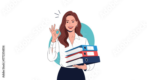 Smiling businesswoman holding a stack of binders and giving an OK sign, symbolizing organization, efficiency, and job satisfaction.
