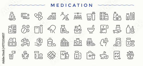 Medication simple icon set. Pill icon set. Includes thin line symbols treatment, drug, medical, disease, pills, health and more. Vector illustration in modern line style.