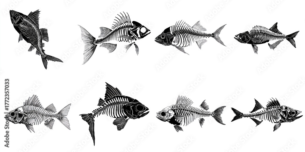Obraz premium Artistic Illustration of Different Fish Skeletons in Black and White