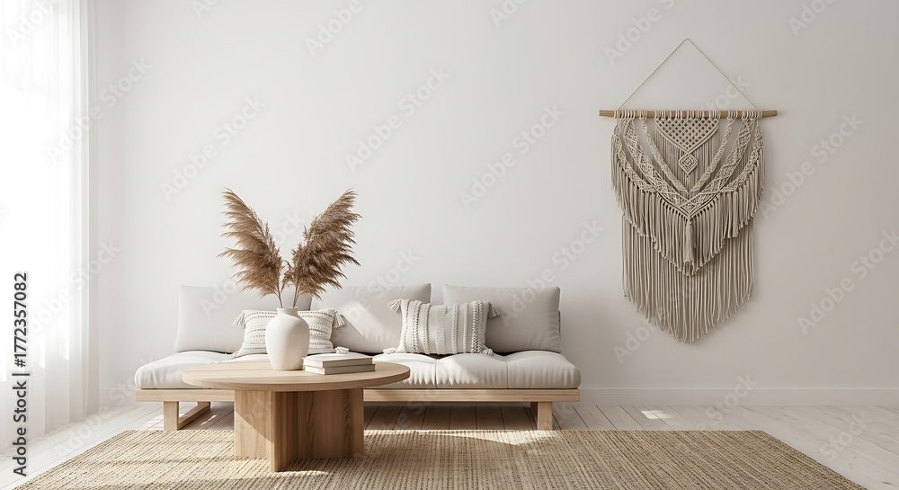 Obraz premium Living room interior with sofa, coffee table, pampas grass, and macrame wall hanging decor